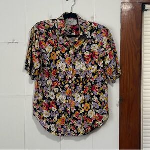 Vintage Just Class Floral Button Down Women’s Shirt Shoulder Pads Size Small